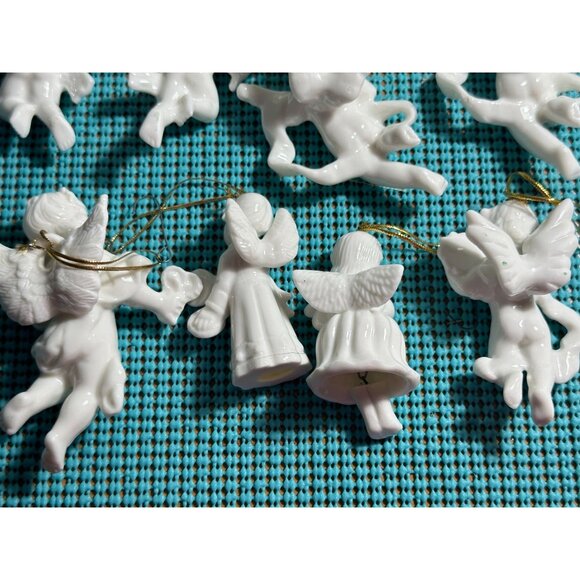 Porcelain Cherub Angel Christmas Ornaments Set White Hanging - Picture 3 of 11